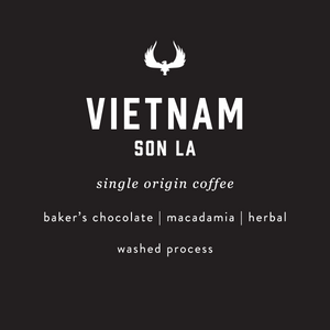 Vietnam Son La Single Origin Coffee by Press Coffee Roasters. Featuring notes of baker's chocolate, macadamia, and herbal notes. A washed process coffee.