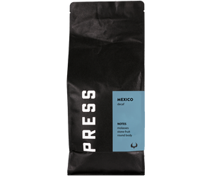 Forward facing view of Mexico Decaf Coffee bag by Press Coffee Roasters