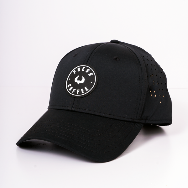 A full view of the Press Coffee logo hat.