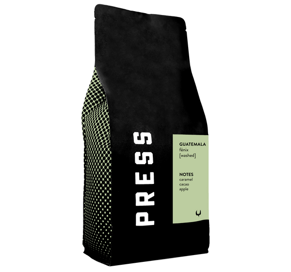 Press Coffee Roasters coffee bag at an angled view for Guatemala Fenix, a washed process single origin coffee. Featuring notes of caramal, cacao, and apple.