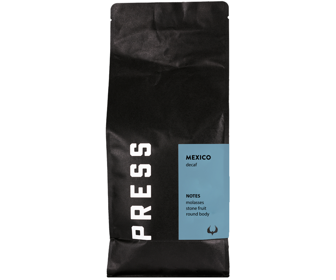 Forward facing view of Mexico Decaf Coffee bag by Press Coffee Roasters