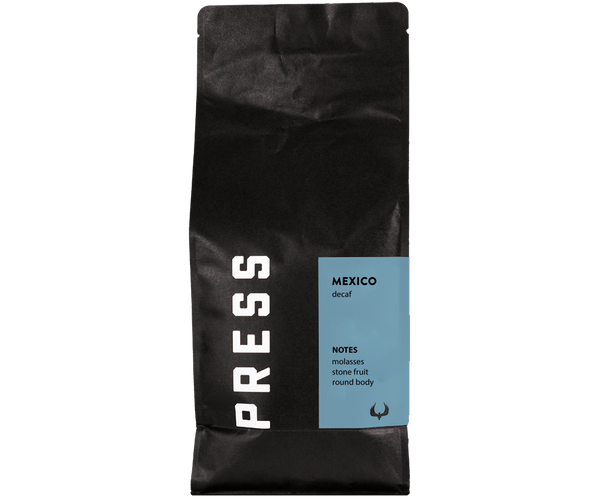 Forward facing view of Mexico Decaf Coffee bag by Press Coffee Roasters