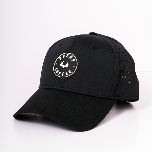 A full view of the Press Coffee logo hat. 