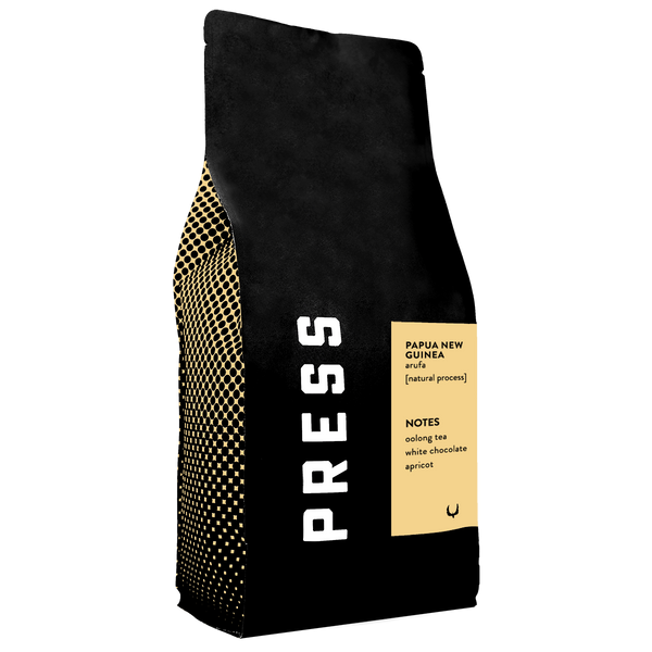 Coffee bag with 'PRESS' branding on a white background
