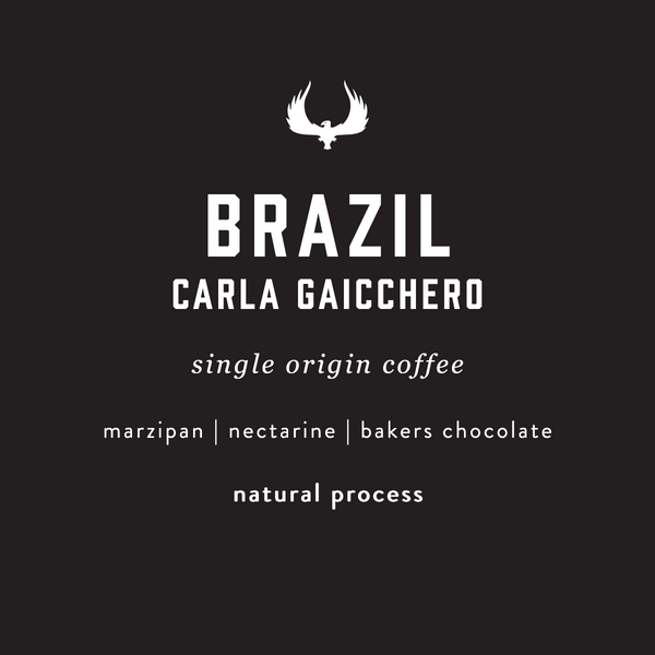 Brazil carla gaicchero single origin coffee featuring notes of marzipan, nectarine, and bakers chocolate. A natural process coffee. 