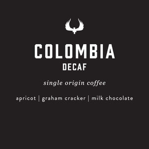 Colombia Decaf coffee label with a black background