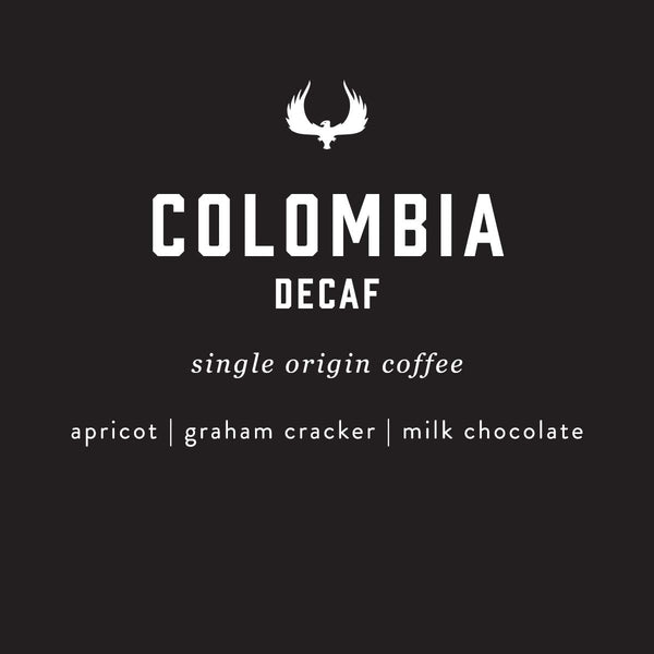 Colombia Decaf coffee label with a black background