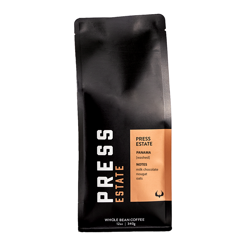 PRESS Estate Panama Volcan Valley coffee featuring notes of milk chocolate, nougat, and oats. 