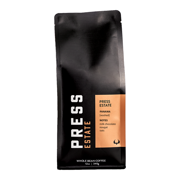 PRESS Estate Panama Volcan Valley coffee featuring notes of milk chocolate, nougat, and oats. 