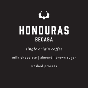 Honduras Becasa coffee label with branding and flavor description on a black background