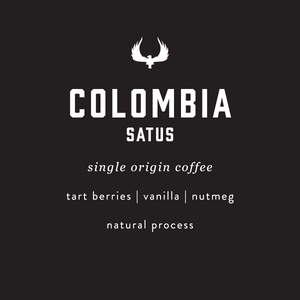 Colombia Satus single origin coffee label with a black background