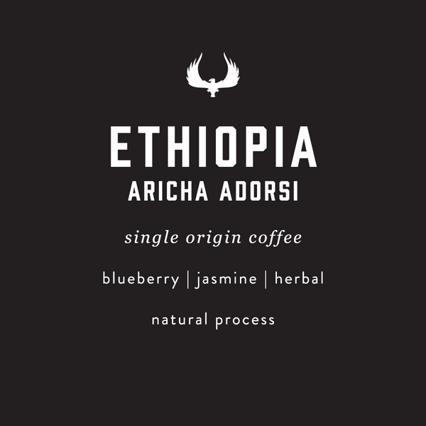 Coffee label for Ethiopia Aricha Adorsi with a black background