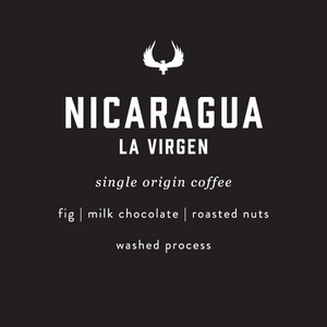 Nicaragua La Virgen coffee label with flavor notes on a black background