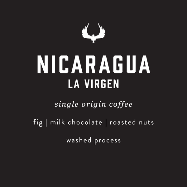 Nicaragua La Virgen coffee label with flavor notes on a black background