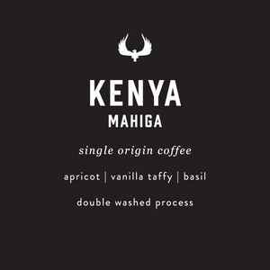 Kenya Mahiga single origin coffee label with flavor notes and process details on a black background.