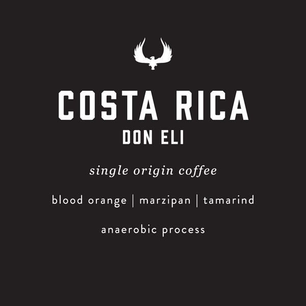 Costa Rica Don Eli coffee label with branding and flavor information on a black background